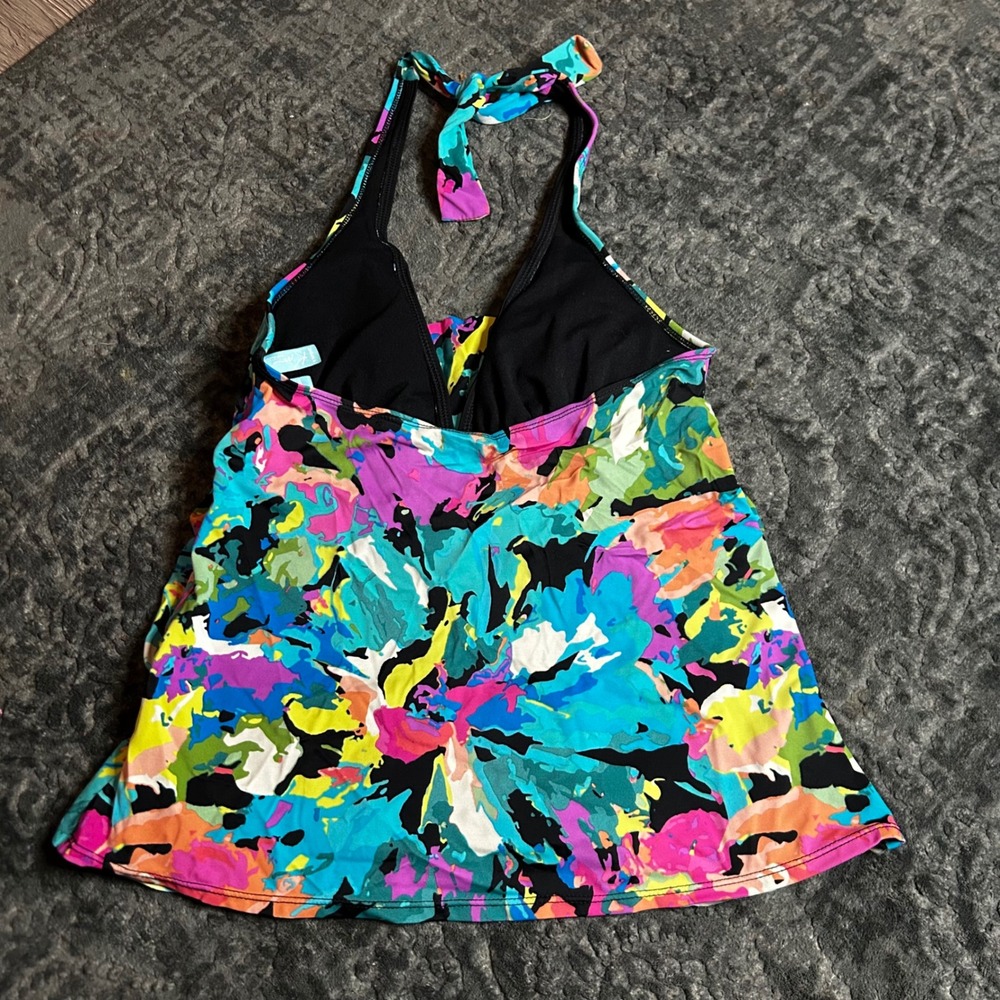 Kim Rogers Womens Multicolor Abstract Floral Tiered Ruffle Halter Tankini Top S - Picture 2 of 3